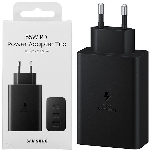 Samsung vegglader 2x USB Type C / USB PPS, Strømforsyning PD 65W, QC 3.0, AFC, FCP svart (EP-T6530NBEGEU) Svart