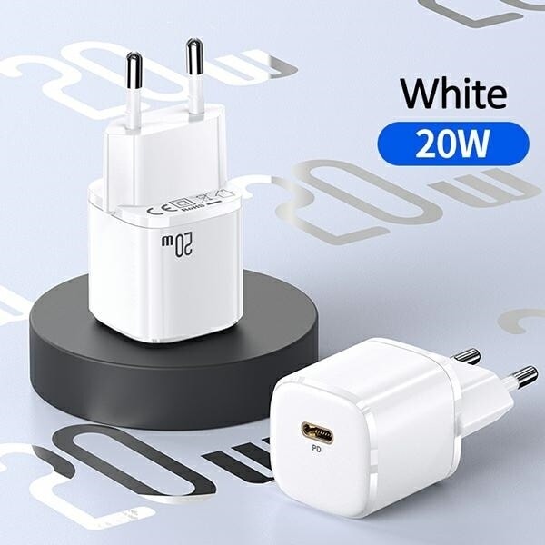 USAMS Lad. nätverk. 1xUSB-C T36 mini 20W + USB-C-Lightning-kabel vit/vit PD3.0 Snabbladdning XFKXLOGTL02 (US-CC124+US-SJ484)