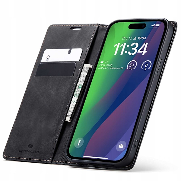 Spacecase Pålbocksväska För Iphone 15 Plus Svart Läderfodral