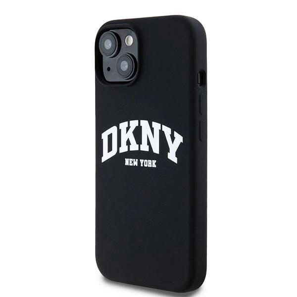 DKNY flytende silikon Hvit trykt logo MagSafe-deksel til iPhone 15/14/13 - Svart