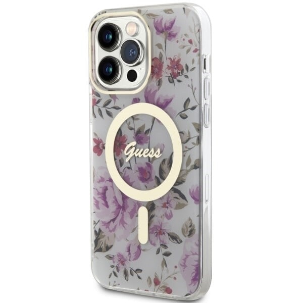 Guess GUHMP14LHCFWST-deksel til iPhone 14 Pro - gjennomsiktig hardt deksel Flower MagSafe