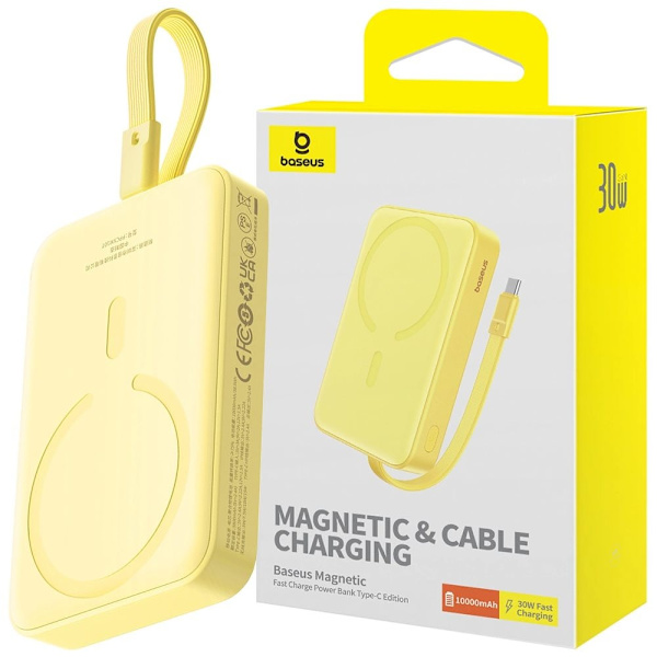 Baseus Magnetic Mini MagSafe 10000mAh 30W strømforsyning med innebygd USB-C-kabel - gul + Baseus Simple Series USB-C - USB-C 60W 0.3 Gul