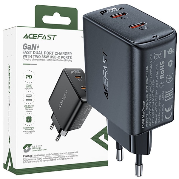 GaN 35W PD 2x USB C Acefast A49 hurtiglader - svart