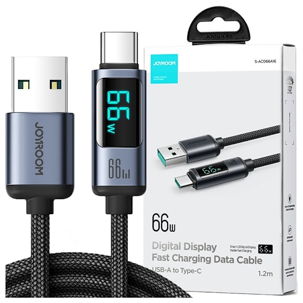 USB C - USB A-kabel 66W 1,2m med LED-skjerm Joyroom S-AC066A16 - svart