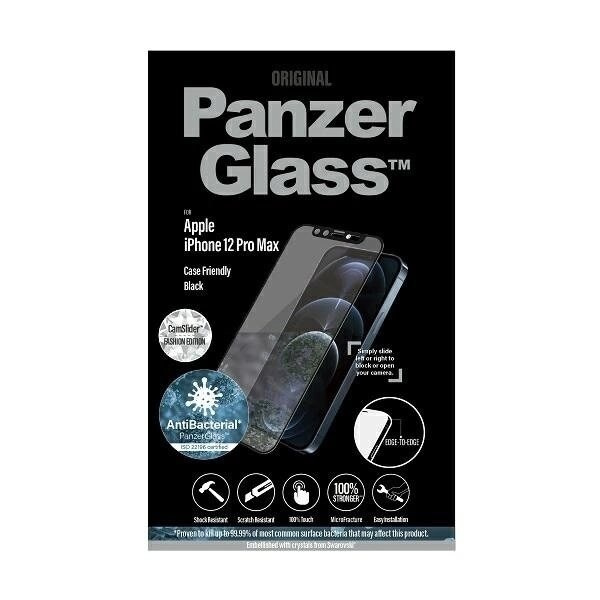 PANZERGLASS E2E MICROFRACTURE ANTIBAKTERIELT GLAS MED KAMERACOVER MED SWAROVSKY CRYSTAL TIL IPHONE 12 PRO MAX - MED SORT RAMME