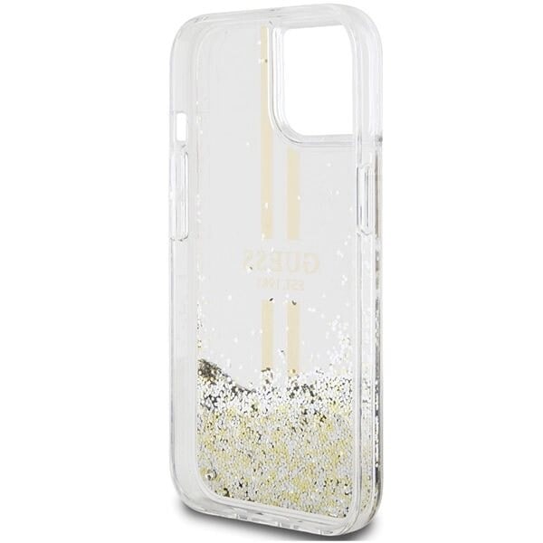 Guess Liquid Glitter Gold Stripes-deksel til iPhone 15/14/13 - Gjennomsiktig