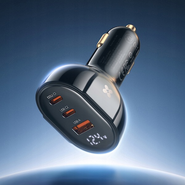 MCDODO KRAFTFULL SNABBLADDARE FÖR BIL MED MÄTARE 3XUSB USB-C 128W LED