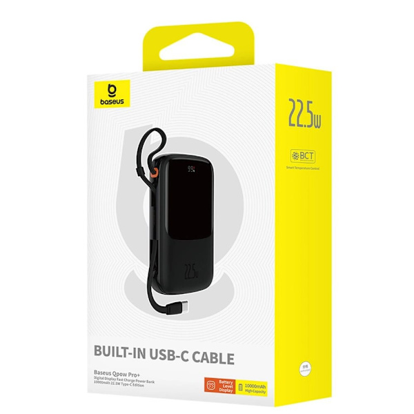 Baseus Qpow Pro+ 10 000 mAh 22,5 W strømforsyning med innebygd USB-C-kabel og skjerm - svart