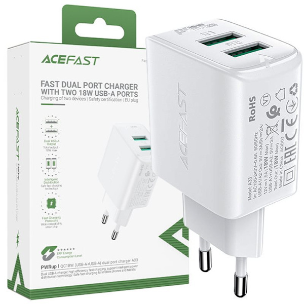 ACEFAST HURTIG NETVÆRKSLADER 2XUSB 18W QC 3.0 AFC FCP HVID