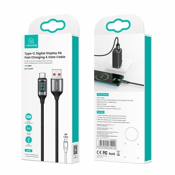 USAMS Flätad kabel U78 USB-C 1,2m LED 6A Snabbladdning svart/svart SJ544USB01 (US-SJ544)
