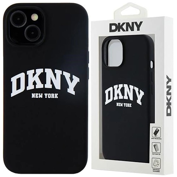 DKNY flytende silikon Hvit trykt logo MagSafe-deksel til iPhone 15/14/13 - Svart