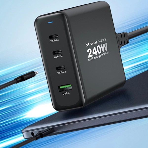 Wozinsky WGCSB 240W GaN vegglader USB-A / 3 x USB-C - svart