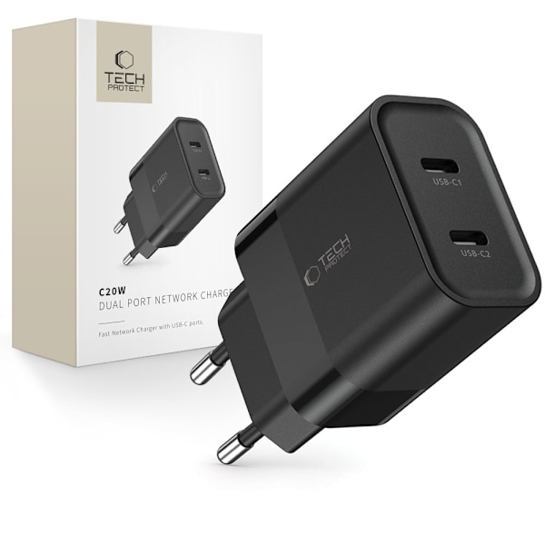 TECH-PROTECT C20W 2-PORTS NETVÆRKSOPLADER PD20W SORT