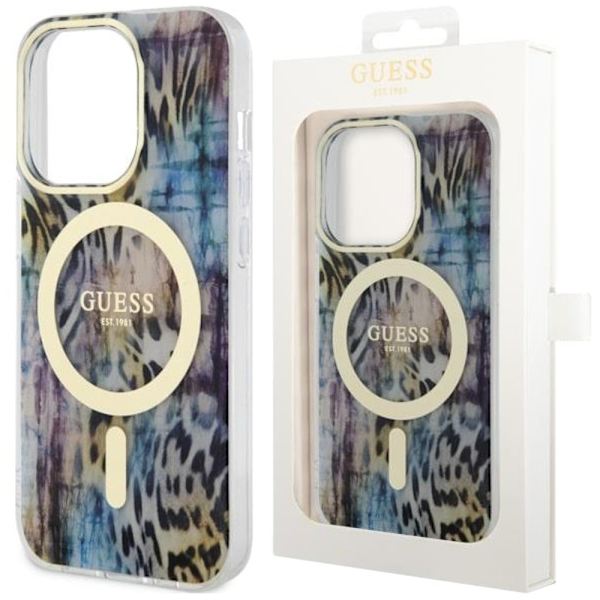 Guess GUHMP14XHLEOPWB-deksel til iPhone 14 Pro Max 6.7 - Blue Leopard MagSafe