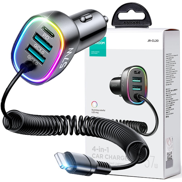 Joyroom hurtiglader 4 i 1 PD, QC3.0, AFC, FCP med Lightning-kabel 1,6m 57W svart (JR-CL20)