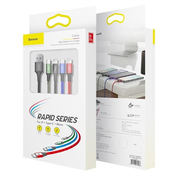Baseus-kabel USB-kabel 4-i-1 Lightning / 2x USB Type C / mikro USB nylonflette 3,5A 1,2m svart (CA1T4-B01)