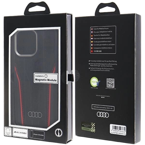 AUDI ÆGTE LÆDER ETUI MED MAGSAFE TIL IPHONE 15 PRO MAX - SORT OG RØD