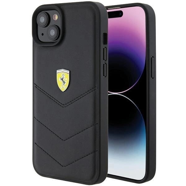 Ferrari Quilted Metal Logo Deksel til iPhone 15 Plus - Svart