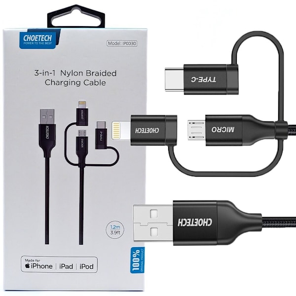 CHOETECH 3IN1 USB LIGHTNING/USBC/MICROUSB KABEL 3A/480 MBPS 1,2 M SORT