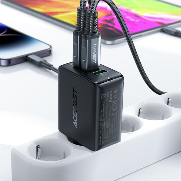 ACEFAST HURTIG NETVÆRKSLADER GAN 2XUSB-C/USB-A PPS/PD/QC4+ 65W SORT
