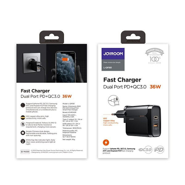 JOYROOM L-QP361 2-PORTS STRØMLADER 36W PD3.0/QC3.0 SORT