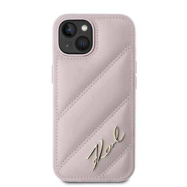 KARL LAGERFELD DIAGONAL QUILTED SCRIPT COVER TIL IPHONE 14/15/13 - PINK