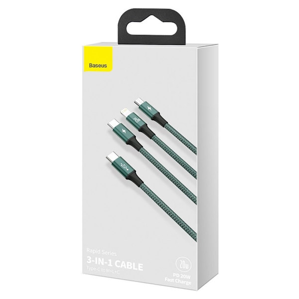 Baseus Rapid 3-i-1-kabel USB Type C - USB Type C / Lightning / micro USB 20 W 1,5 m grønn (CAMLT-SC06)