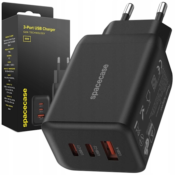 Rymdfall Usb C Laddare 65W Gaan För Telefon, Bärbar, Svart