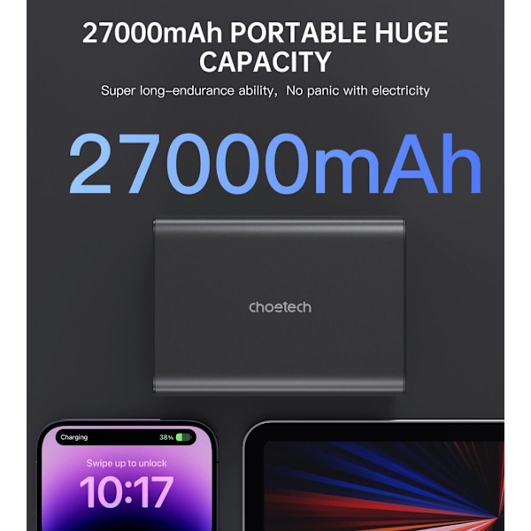 CHOETECH B635BK POWERBANK 2XUSB-A / 2XUSB-C 27000MAH - SORT