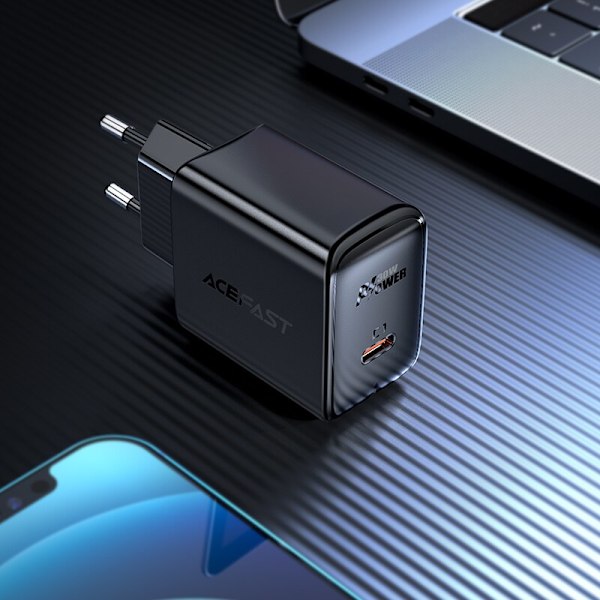 Acefast GaN USB Type C vegglader 30W, PD, QC 3.0, AFC, FCP svart (A21 svart)