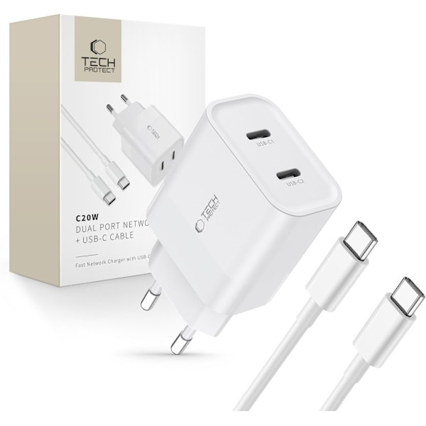 TECH-PROTECT C20W 2-PORTS STRØMLADER PD20W + TYPE-C KABEL HVIT
