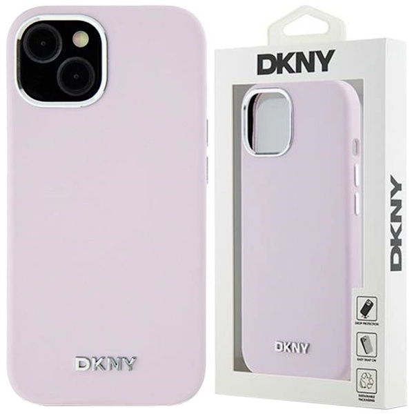 DKNY flytende silikon liten metalllogo MagSafe-deksel til iPhone 15 Plus / 14 Plus - Rosa