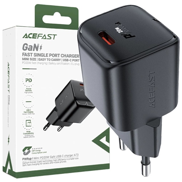Acefast A73 Mini PD 20W GaN USB-C vegglader - svart
