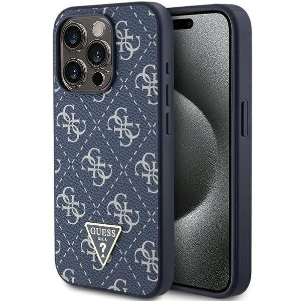 Guess 4G Triangle Metal Logo beskyttelsesdeksel til iPhone 15 Pro - blå