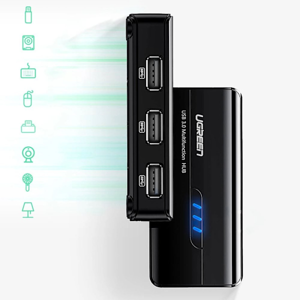 Ugreen 20264 RJ45 / USB-A 10/100 Mbps HUB nettverksadapter 3x USB-A 2.0 - svart