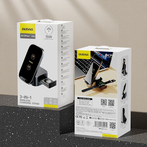 DUDAO A11PRO+ INDUKTIV OPLADER 15W 3I1 TIL TELEFON / SMARTWATCH / HOVEDTELEFONER - SORT