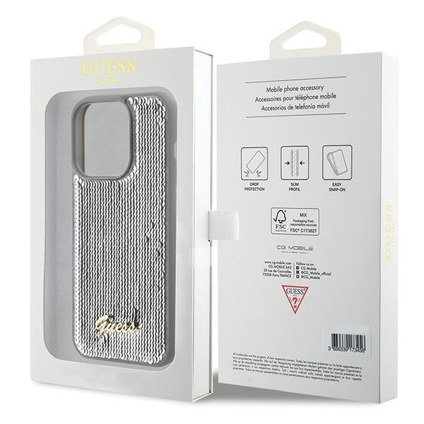 Guess Sequin Script metalldeksel til iPhone 15 Pro - sølv