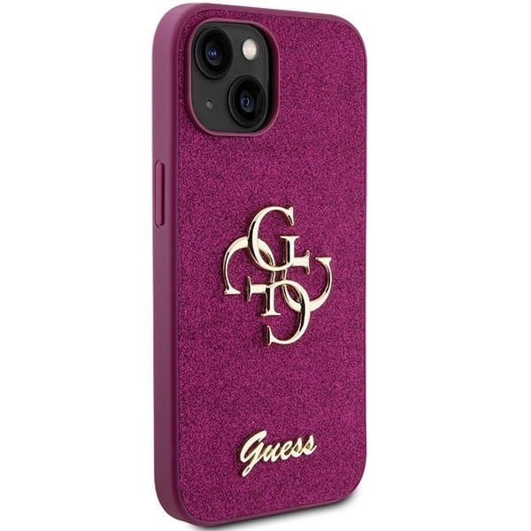 Guess Glitter Script Big 4G-deksel til iPhone 15 - lilla