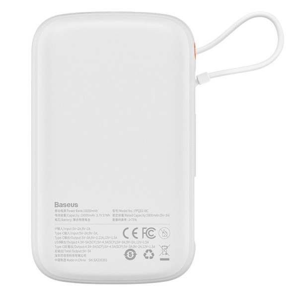 Baseus Qpow Digital Display Powerbank med hurtiglading 10000mAh 22,5W QC/PD/SCP/FCP med innebygd USB-C-kabel hvit