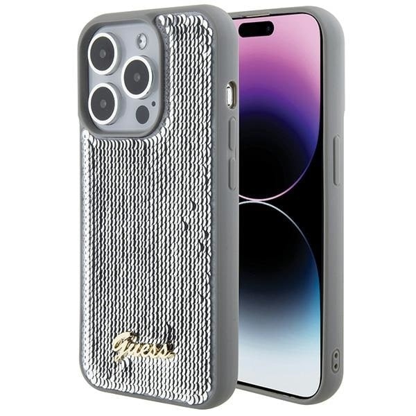 Guess Sequin Script metalldeksel til iPhone 15 Pro Max - Sølv