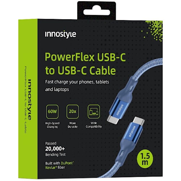 Innostyle Powerflex USB-C Hurtigladningskabel for iPhone Samsung 3A 60W Kevlar 1,5m