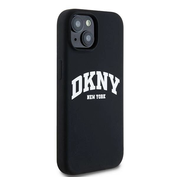DKNY flytende silikon Hvit trykt logo MagSafe-deksel til iPhone 15/14/13 - Svart