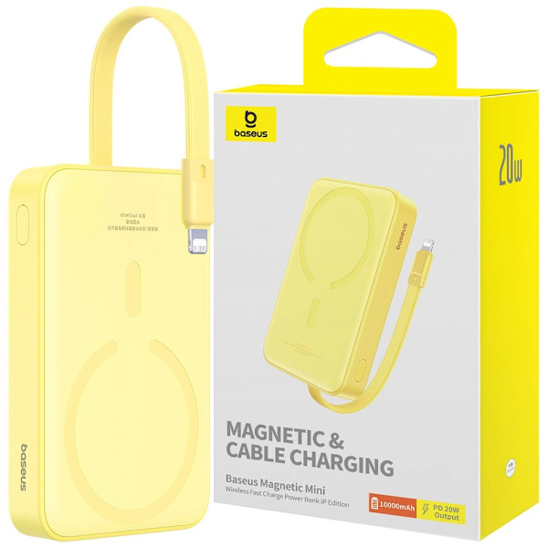 Baseus Magnetic Mini MagSafe 10000mAh 20W strømforsyning med innebygd Lightning-kabel - gul + Baseus Simple Series USB-C - USB-C 60W
