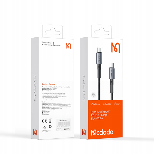 MCDODO USB-C SNABBLADDNINGSKABEL FÖR SAMSUNG APPLE USB TYP C 3A 65W 1M