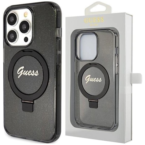 Guess Ring Stand Script Glitter MagSafe-deksel til iPhone 14 Pro Max - Svart