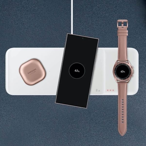 Samsung Trio EP-P6300TWEGEU 3in1 induktiv lader for telefon / Galaxy Watch / Buds - hvit + nettlader + kabel