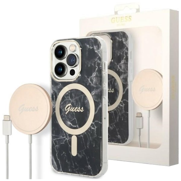 Guess sett MagSafe lader + etui iPhone 14 Pro 6.1 svart marmor (GUBPP14LHMEACSK)
