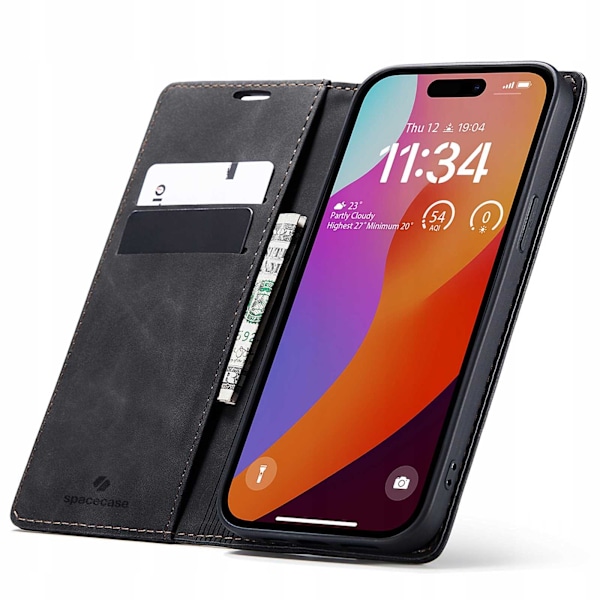 Spacecase Plånboksfodral Till Iphone 15 Pro Svart Läder Med Fickor