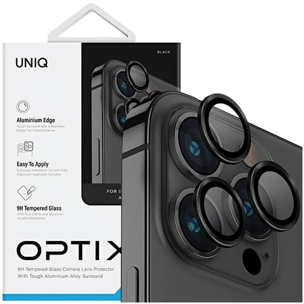 UNIQ OPTIX GLASALUMINIUM KAMERALINSEBESKYTTER TIL IPHONE 14 PRO / 14 PRO MAX KAMERALINSE MED APPLIKATOR - SORT