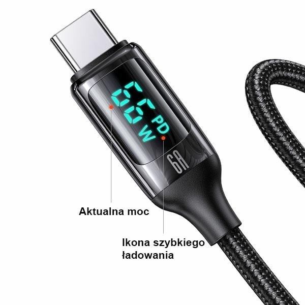 USAMS Flätad kabel U78 USB-C 1,2m LED 6A Snabbladdning svart/svart SJ544USB01 (US-SJ544)